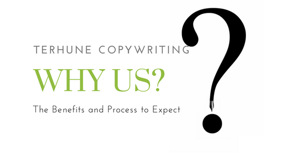 Terhune Copywriting Why Us? written in green with a black question mark that has a calligraphy pen tip